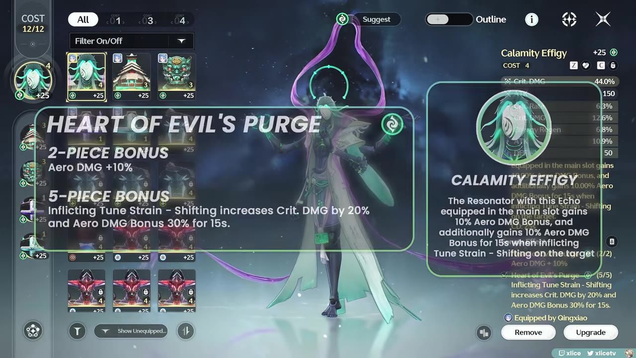 Game screen displaying Echo inventory with Evil's Purge set bonuses and attributes.