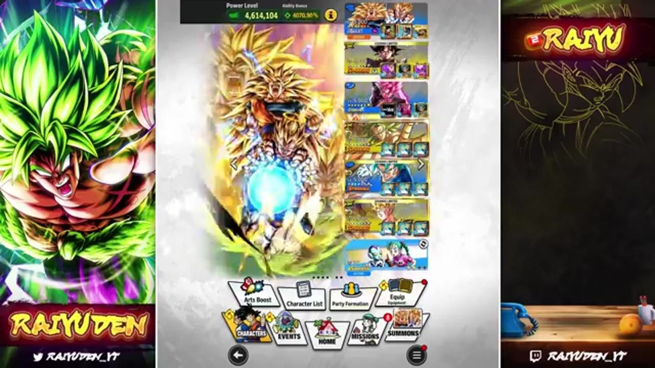 A mobile game team formation screen shows a central golden character card with a vertical list of team members on the right and menu buttons along the bottom.