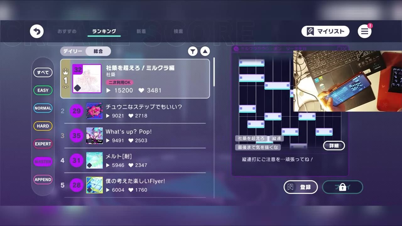A song ranking screen shows a list of custom charts with difficulty filters on the left, including MASTER and APPEND, and a chart preview panel on the right.