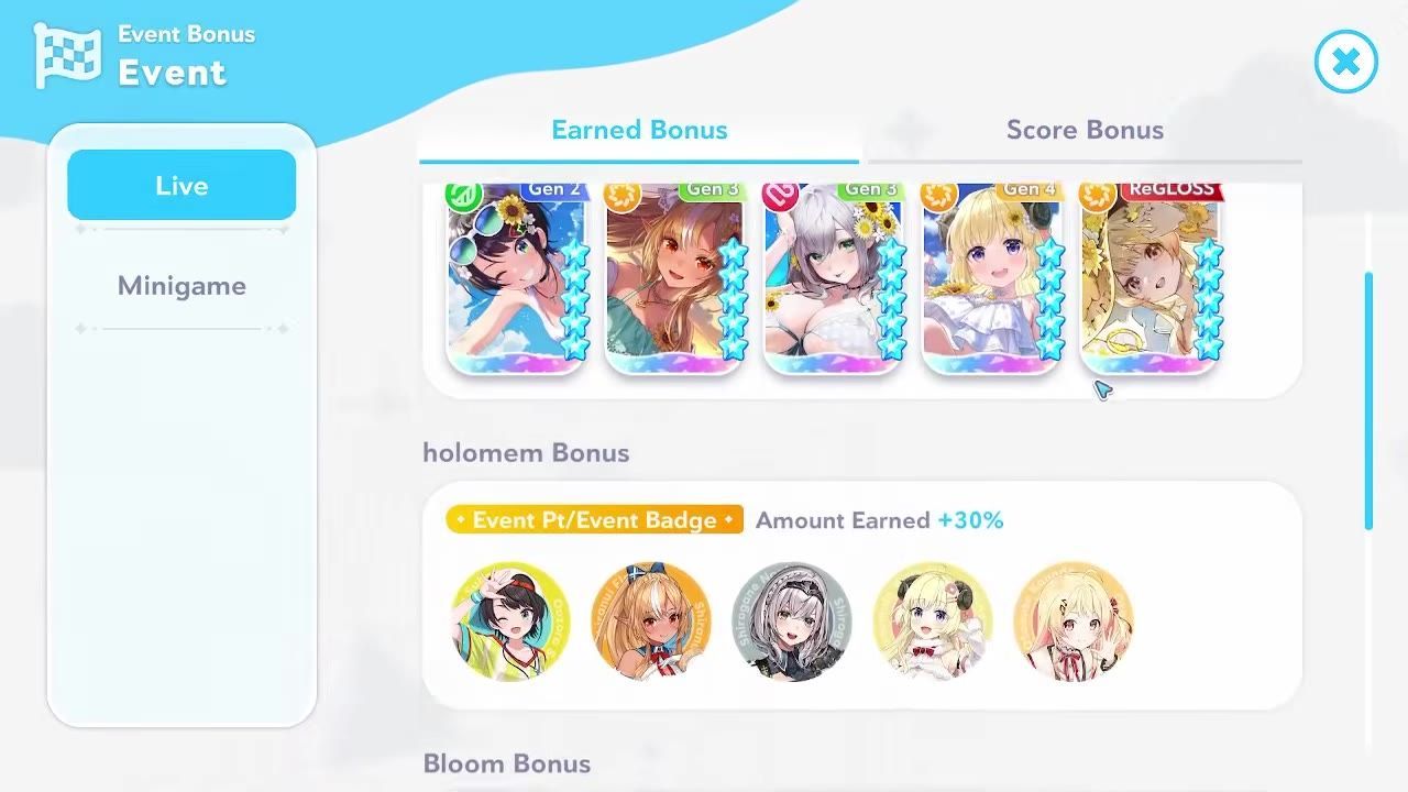 An Event Bonus screen shows tabs for Live and Minigame on the left and a panel of matching event member cards with bonus labels and point bonus text in the center.