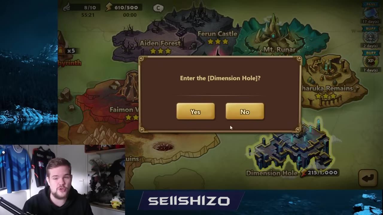 A game world map shows a confirmation dialog asking to enter the Dimension Hole, with the Dimension Hole location visible near the bottom right.