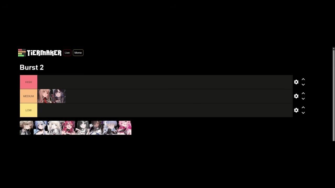A dark tier list page titled Burst 2 shows rows labeled HIGH, MEDIUM, and LOW with several character portraits arranged in the tiers.