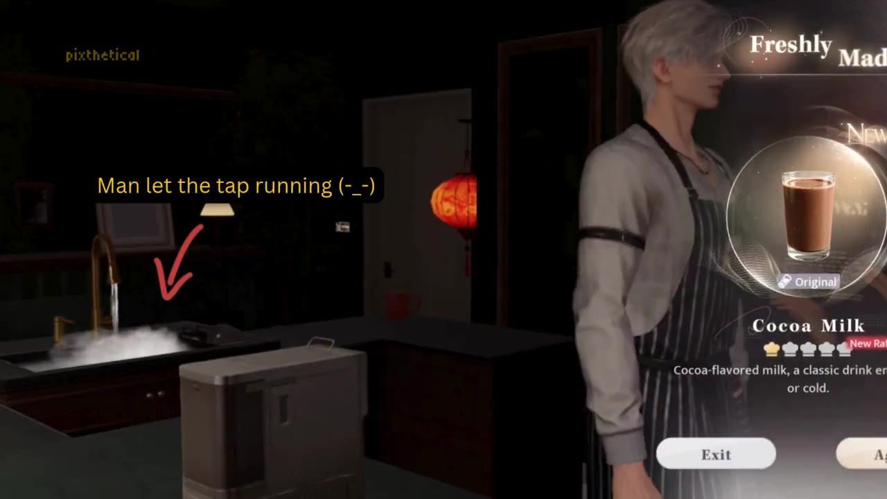 A kitchen scene is open with a large ingredient purchase panel on the right showing Cocoa Milk and buttons at the bottom.