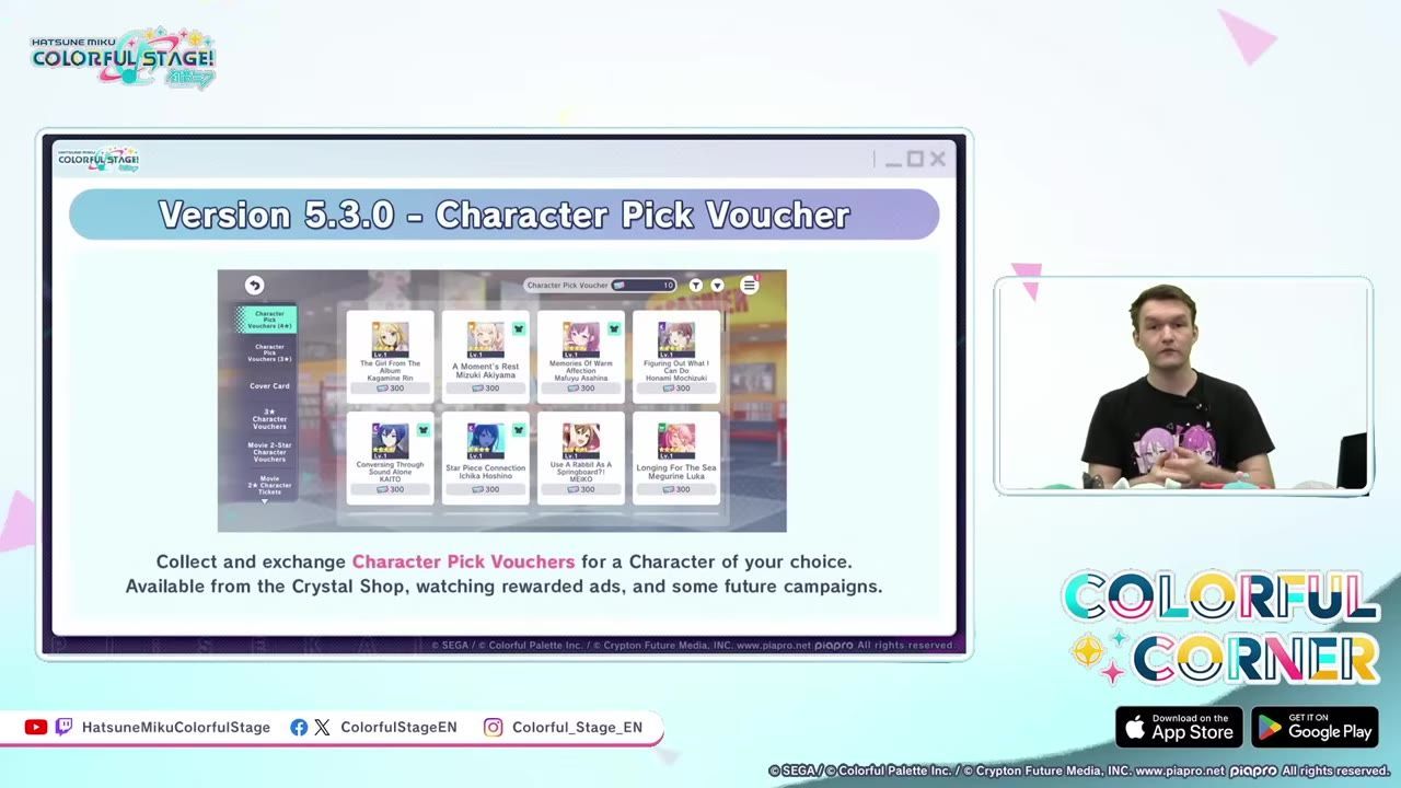 A presentation slide about Version 5.3.0 Character Pick Voucher shows a shop menu and explanatory text, with a presenter inset on the right.