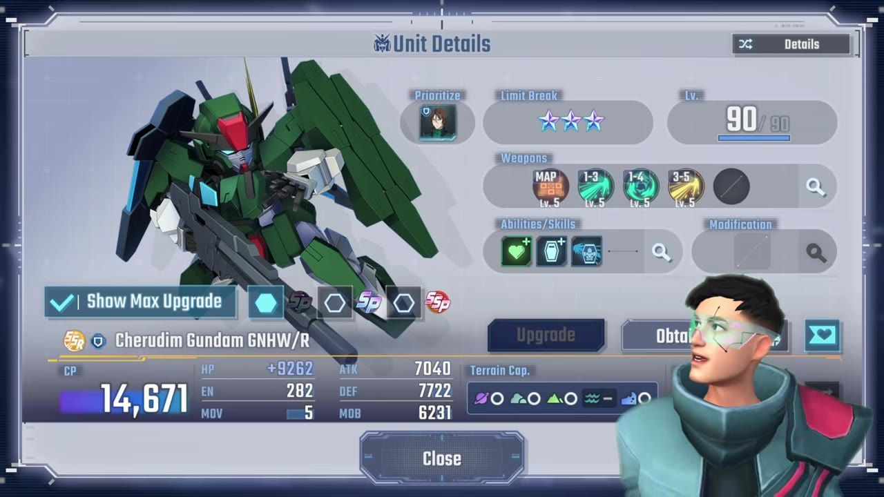 The unit details screen shows Cherudim Gundam GNHW/R with a large mecha illustration on the left and its name and stats below.