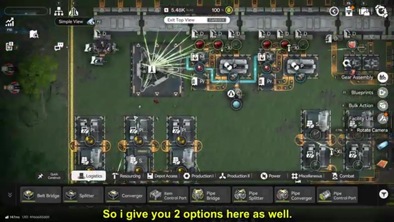 A top-down factory layout is shown in blueprint mode with a highlighted placement area and build nodes around several machines and conveyors.