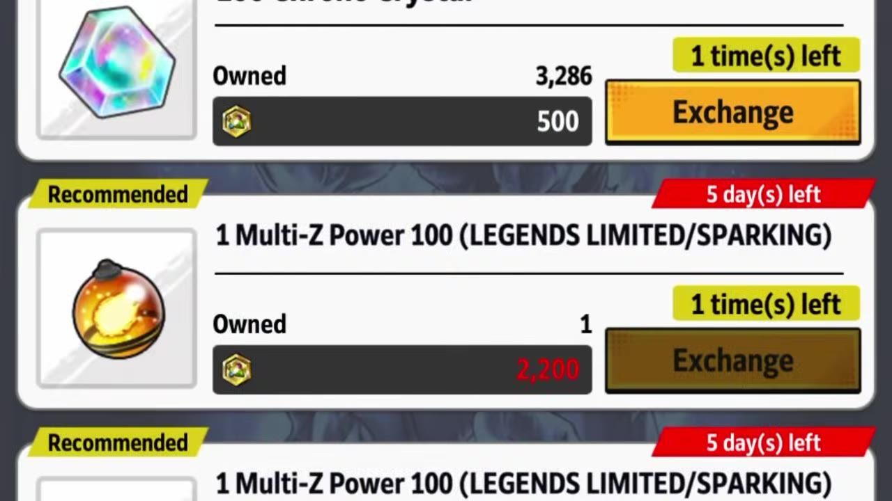 A game shop exchange screen shows Chrono Crystal-related items, an Owned amount of 3,286, and exchange buttons with costs like 500 and 2,200.