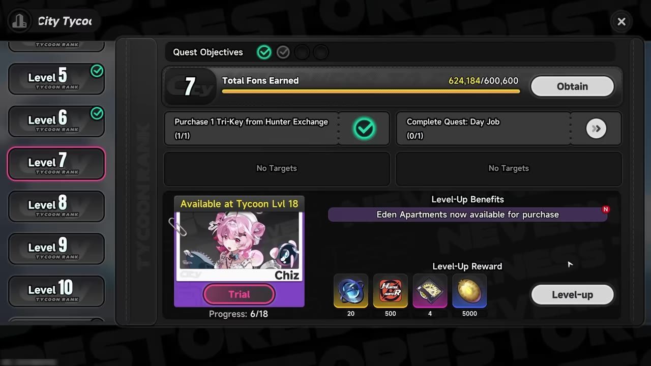 A City Tycoon level-up menu shows tycoon ranks on the left, quest objectives and rewards in the center, and a Level-up button at the bottom right.