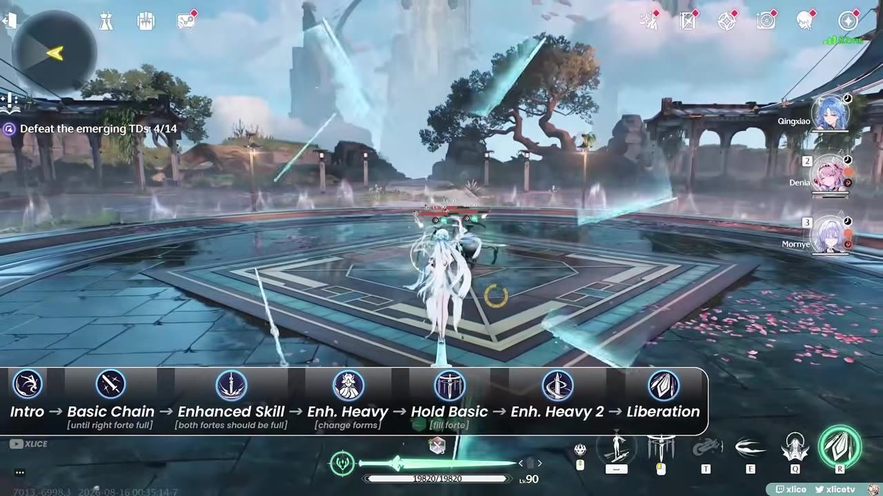 A character fights enemies in an open arena while a rotation guide overlays the bottom of the screen, showing steps from Intro to Liberation.