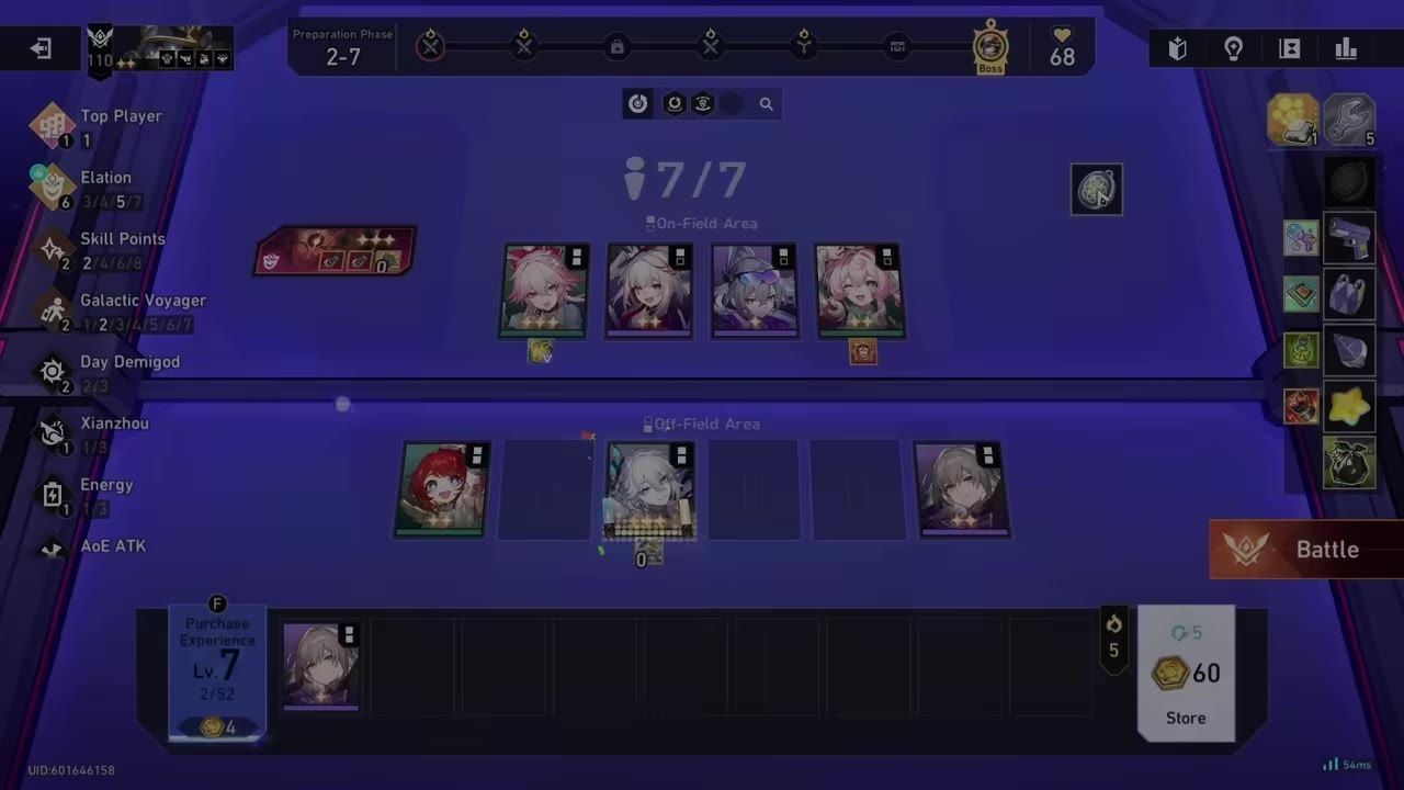 View of a combat team configuration showing various units and synergies, including Elation highlighted in a menu.
