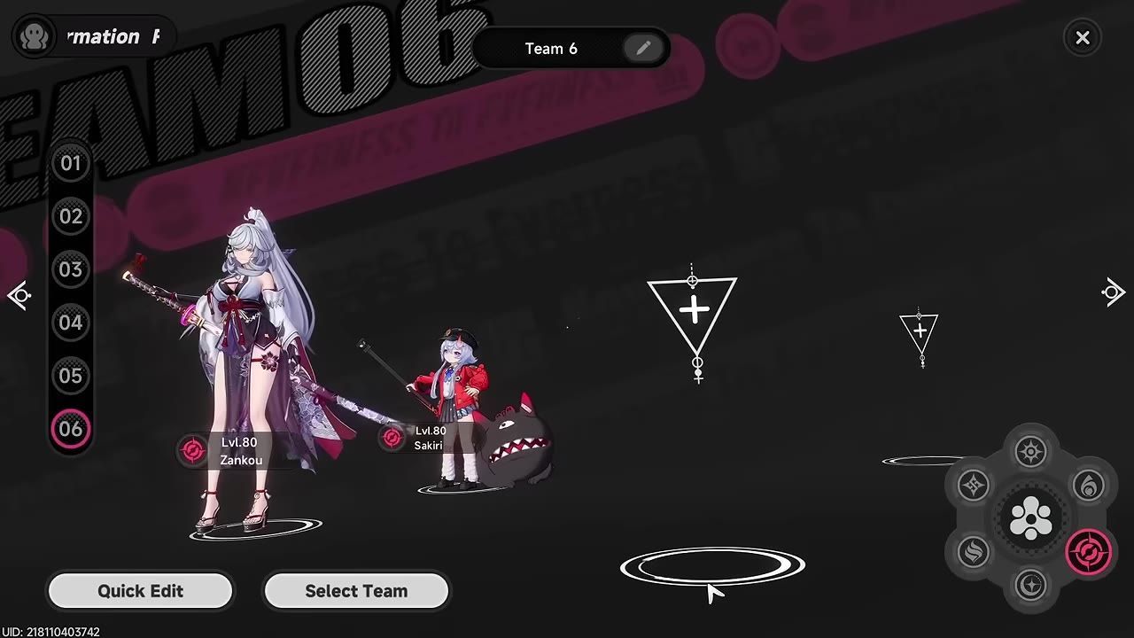 Team composition menu showing Level 80 characters Zankou and Sakiri.