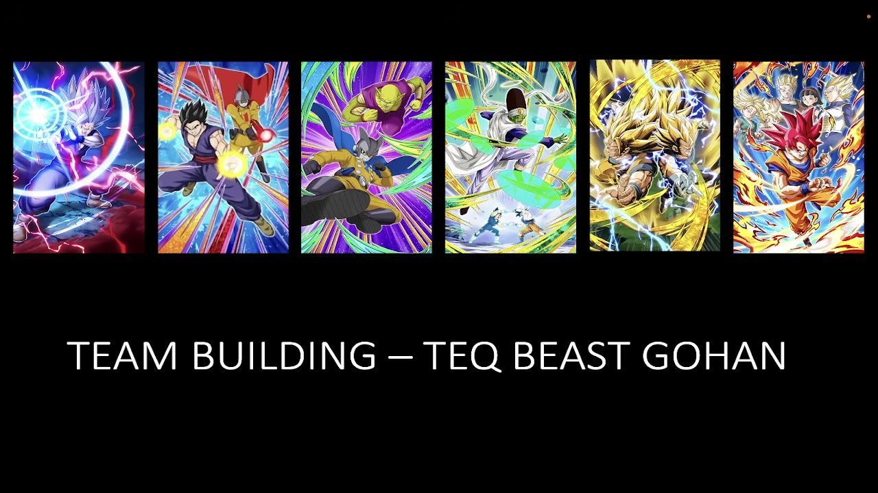 A lineup of six characters featuring TEQ Beast Gohan for team building in a Movie Heroes team.