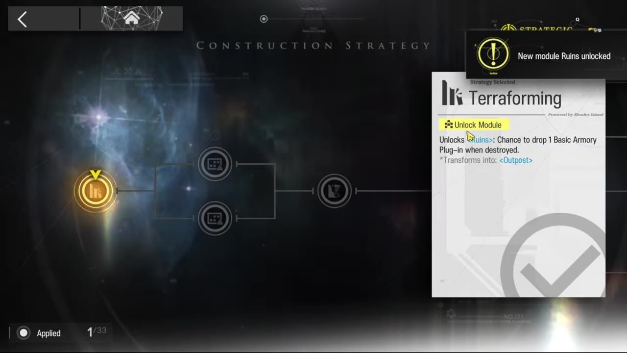 A construction strategy tree is open with the Terraforming strategy selected, and a panel on the right shows an unlock module description mentioning Ruins.