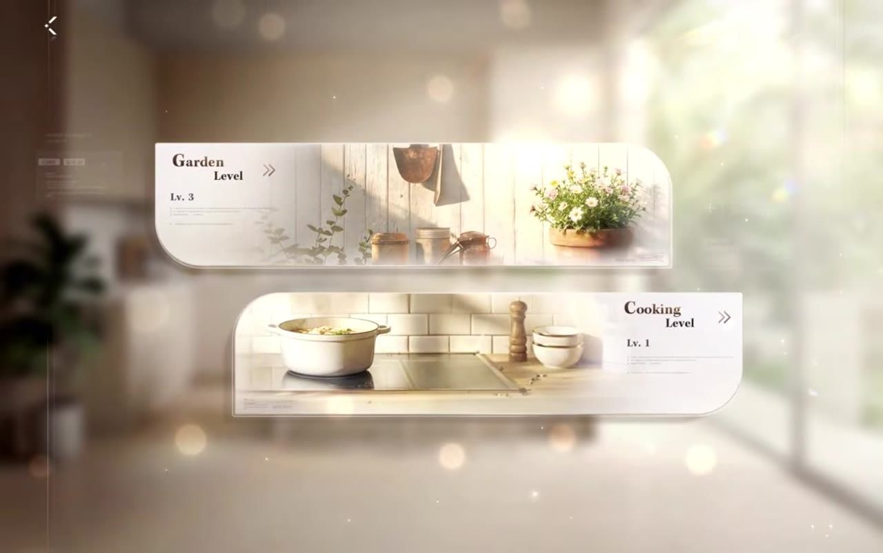 Leisure time menu showing options for Garden Level (Level 3) and Cooking Level (Level 1).