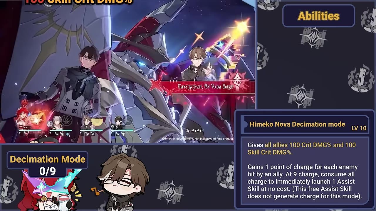 Game interface showing Himeko Nova activating Decimation mode, gameplay scene, and text overlays.