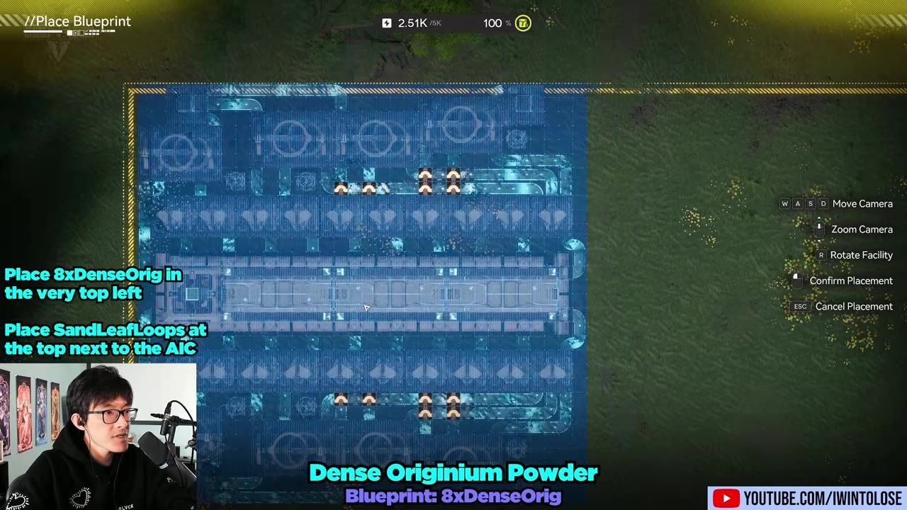 An in-game blueprint for Dense Originium Powder production, displayed with placement controls.