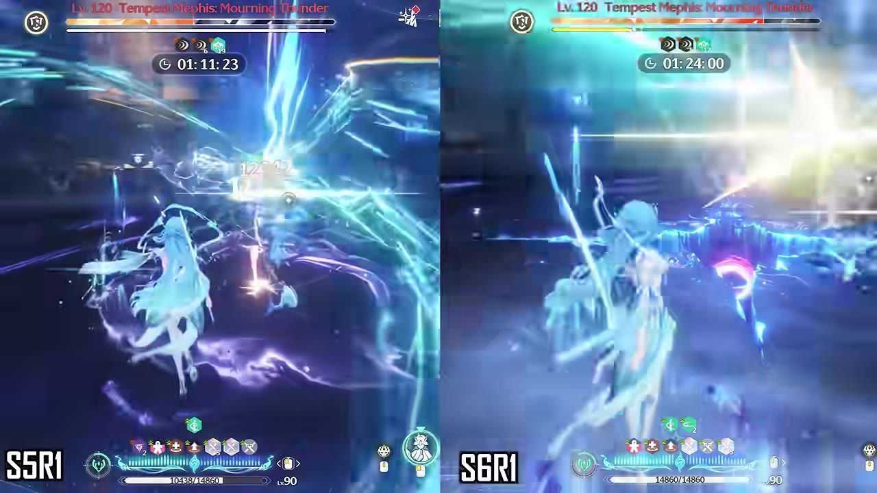 Character emitting bright effects during combat in a glowing environment, with damage numbers displayed.
