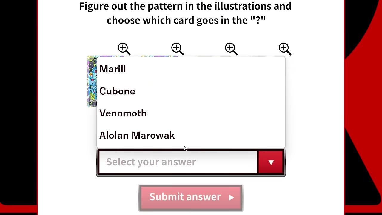 Quiz screen showing options including Marill, Cubone, Venomoth, and Alolan Marowak.