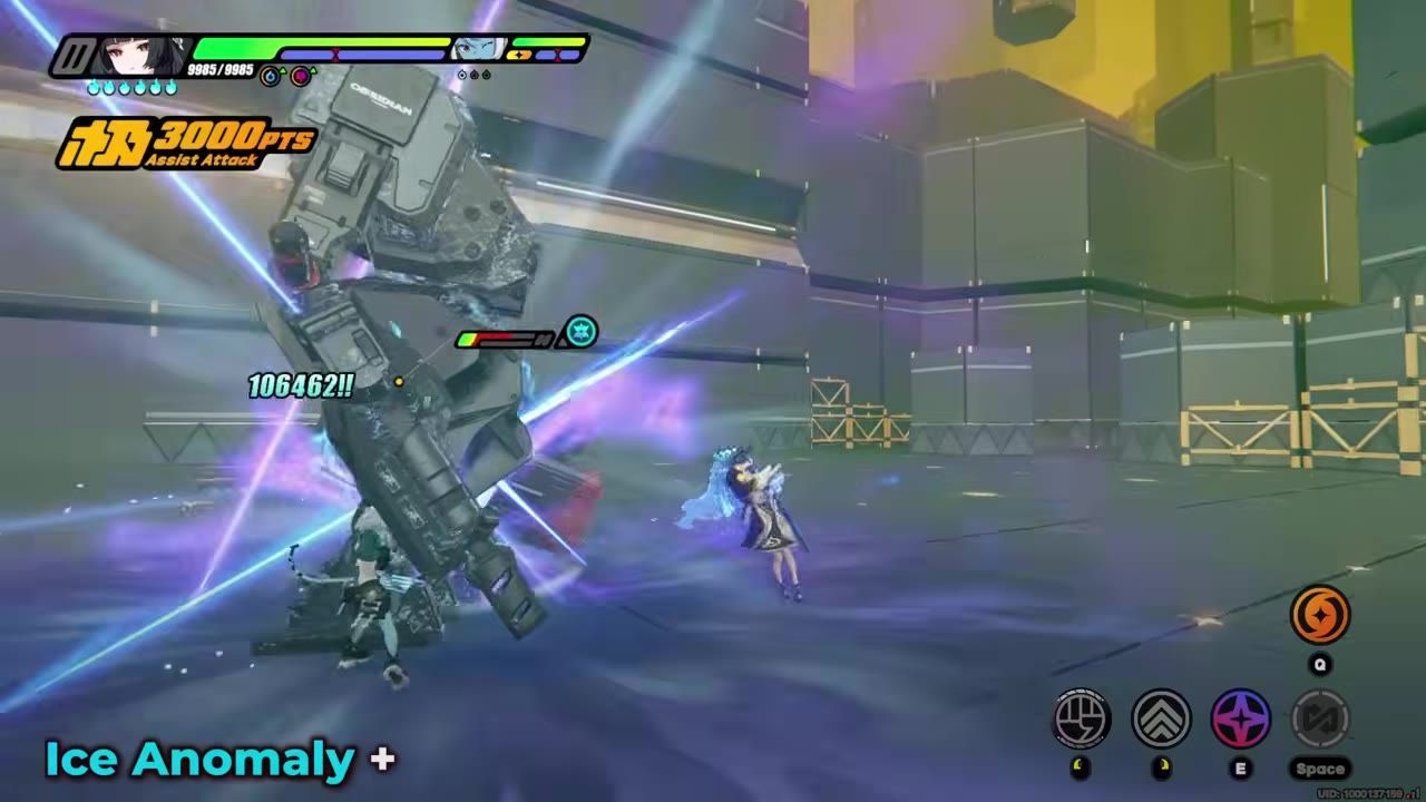 Character uses attack on a robot, damage numbers displayed, anomaly effects are visible.