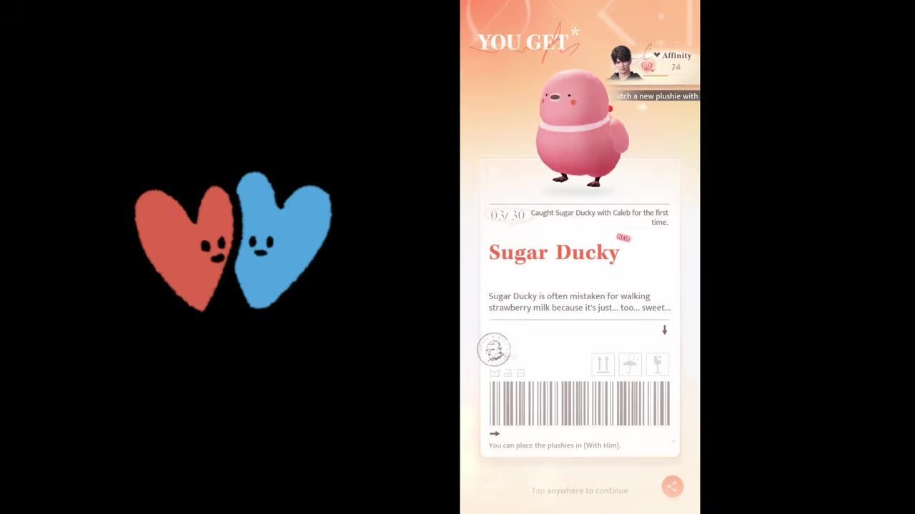 A game reward screen shows a pink plush character labeled Sugar Ducky with a 'YOU GET' banner and collection details.