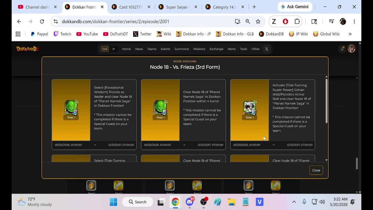 A screen showing Dokkan Frontier Node 18 missions and rewards details.