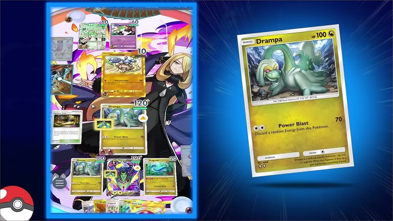 A game interface showing Drampa and other Pokémon cards in play.