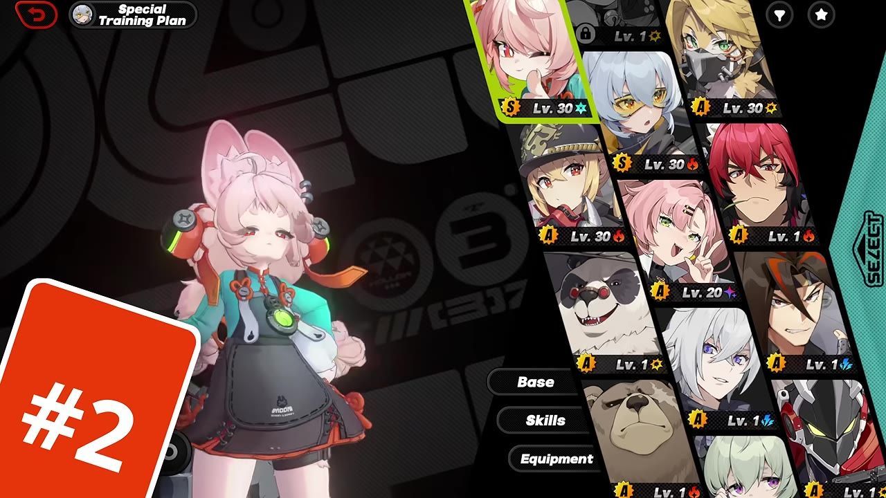 A team composition screen showing various characters and their attributes.