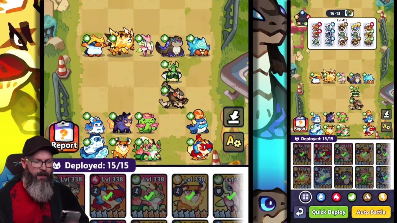 Gameplay view showing character deployment and a small overlay chart for elemental counters.