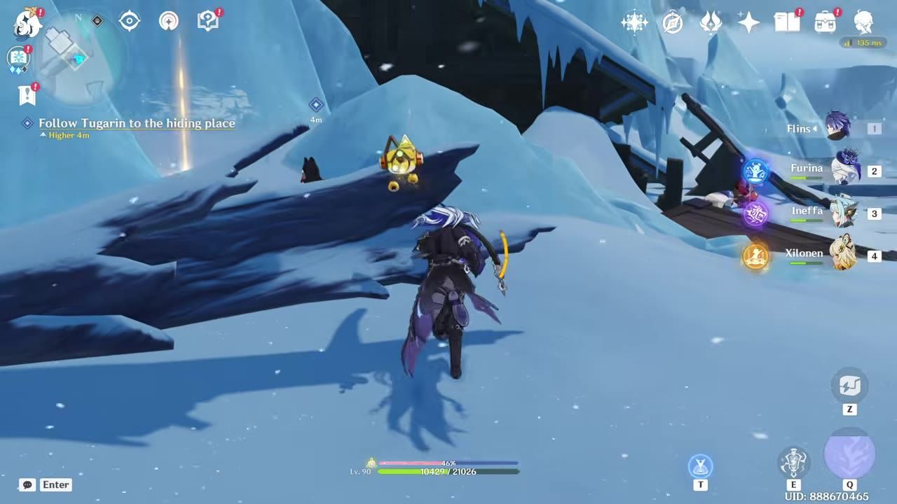 An icy terrain with a cabin structure partly seen and a character approaching an object.