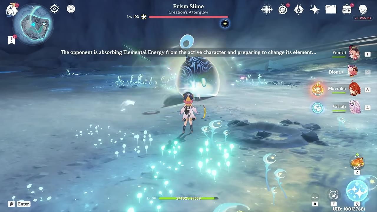 A character faces a Prism Slime absorbing energy with team member icons visible.