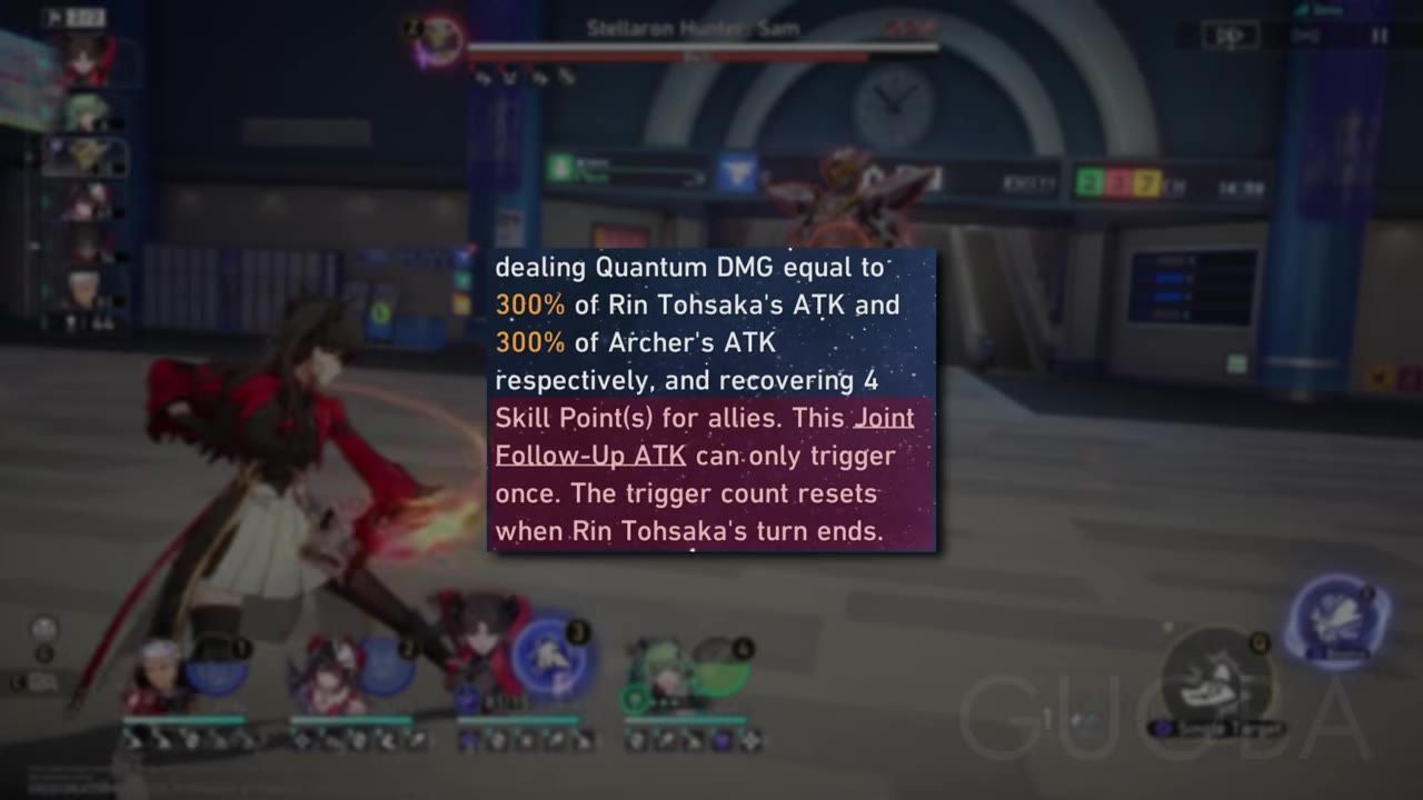 A character named Rin performing a skill with visible text showing Quantum DMG calculations.