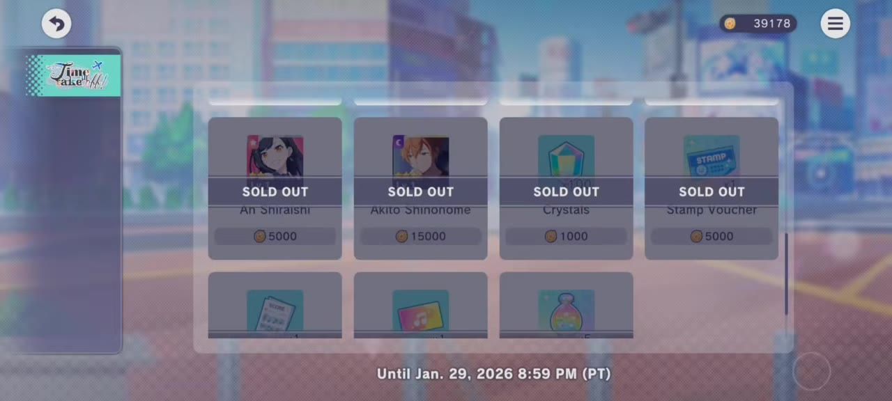 Event menu displays sold-out rewards including characters, crystals, and other items.