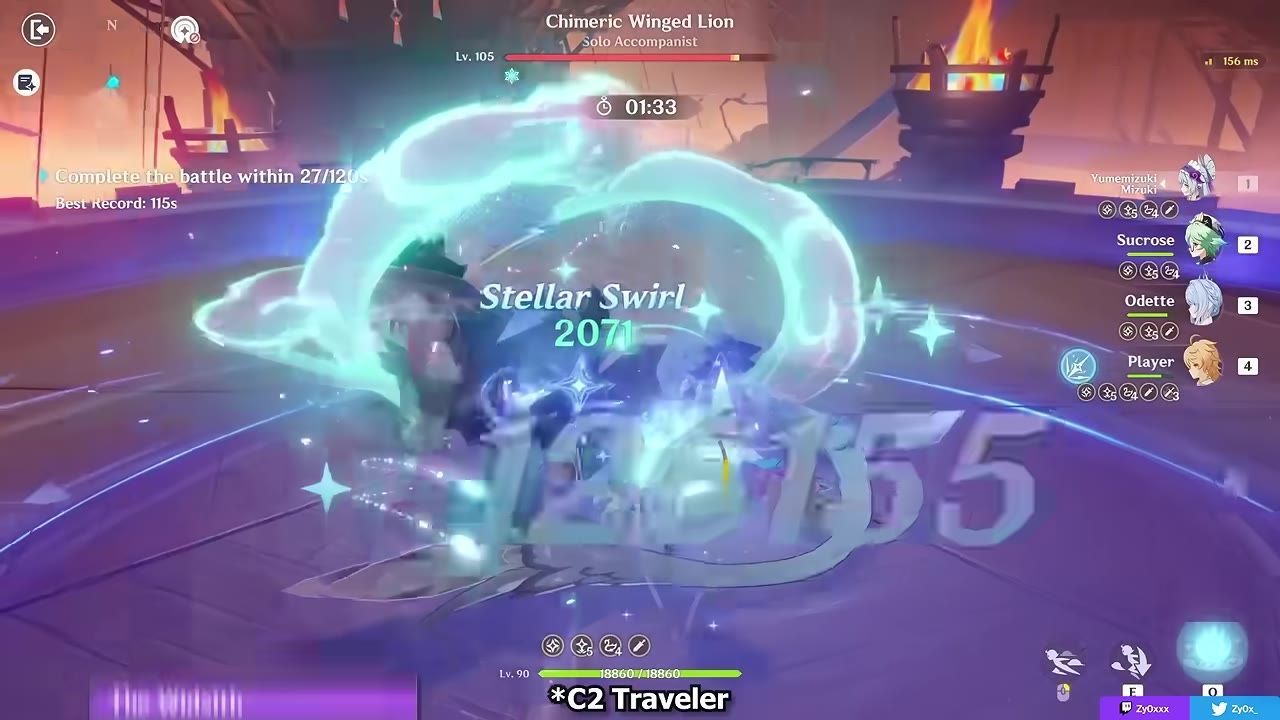 Stellar Swirl reaction with damage numbers against Chimeric Winged Lion.
