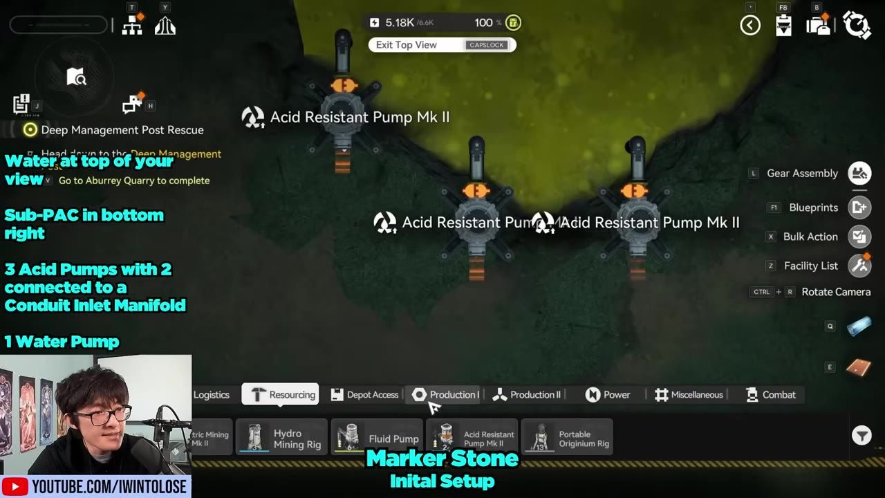 A game screen showing several Acid Resistant Pump Mk II devices connected in an industrial setup.