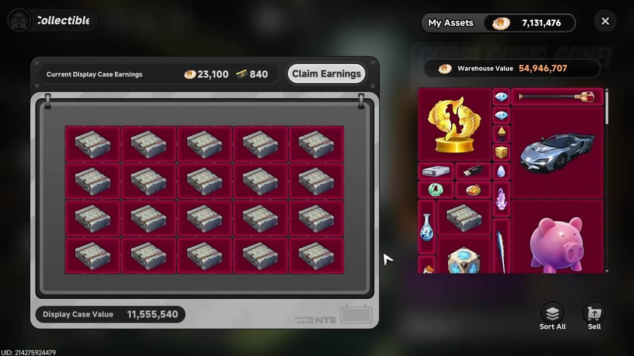 A collectibles menu shows a display case grid filled with identical items on the left and a warehouse inventory with several red item slots on the right.