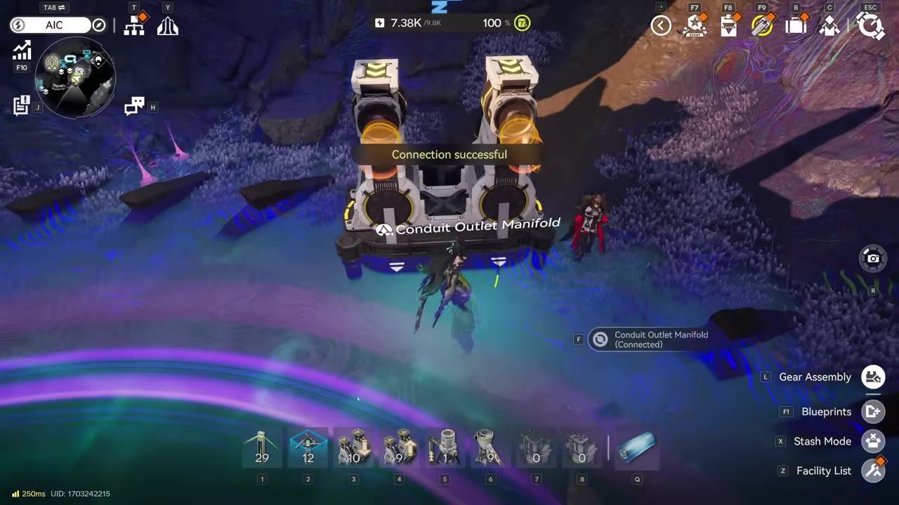 A game scene featuring a deployed conduit outlet manifold with successful connection notification.