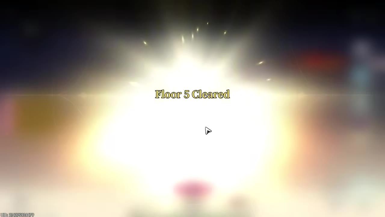 A game screen with a bright clear effect and the text 'Floor 5 Cleared' in the center.