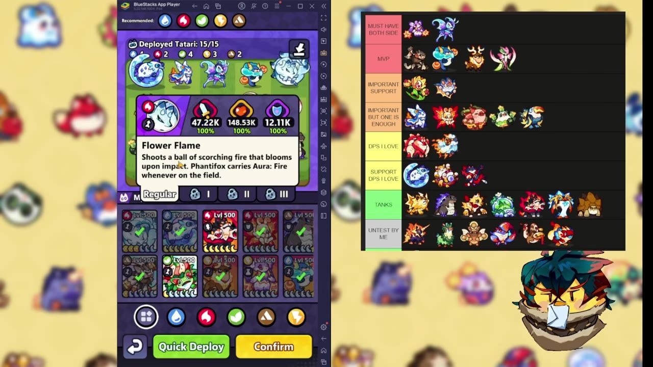 A game screen showing the deployed units and formation details, including their attributes and abilities.