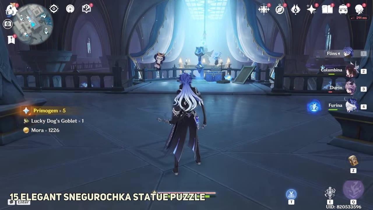 A game character stands in a dimly lit room with a blue glowing pedestal and various objects.