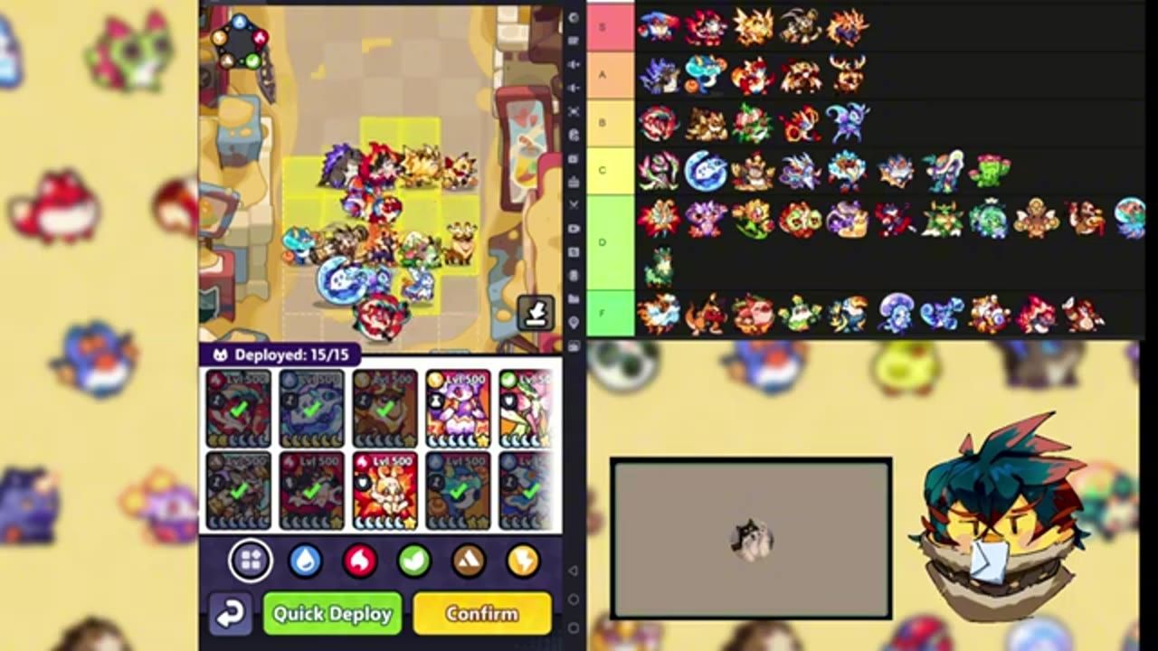 A game formation screen shows units placed on a board with a crab icon at the top and other character icons arranged across the field.