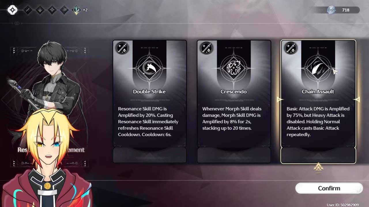 A game choice panel shows three upgrade cards, with Chain Assault highlighted on the right and text stating that Basic Attack DMG is amplified by 75%.
