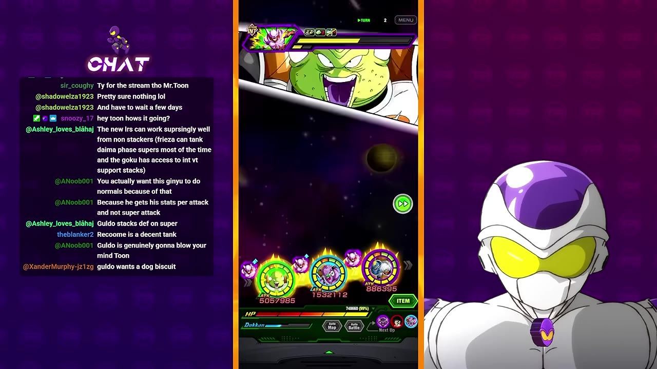 A Dokkan Battle rotation screen shows Ginyu units lined up at the bottom while the battle scene is paused.