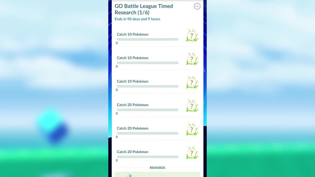 The Go Battle League Timed Research page is open, showing multiple Catch 10 Pokémon and Catch 20 Pokémon tasks with progress bars and mystery reward icons.