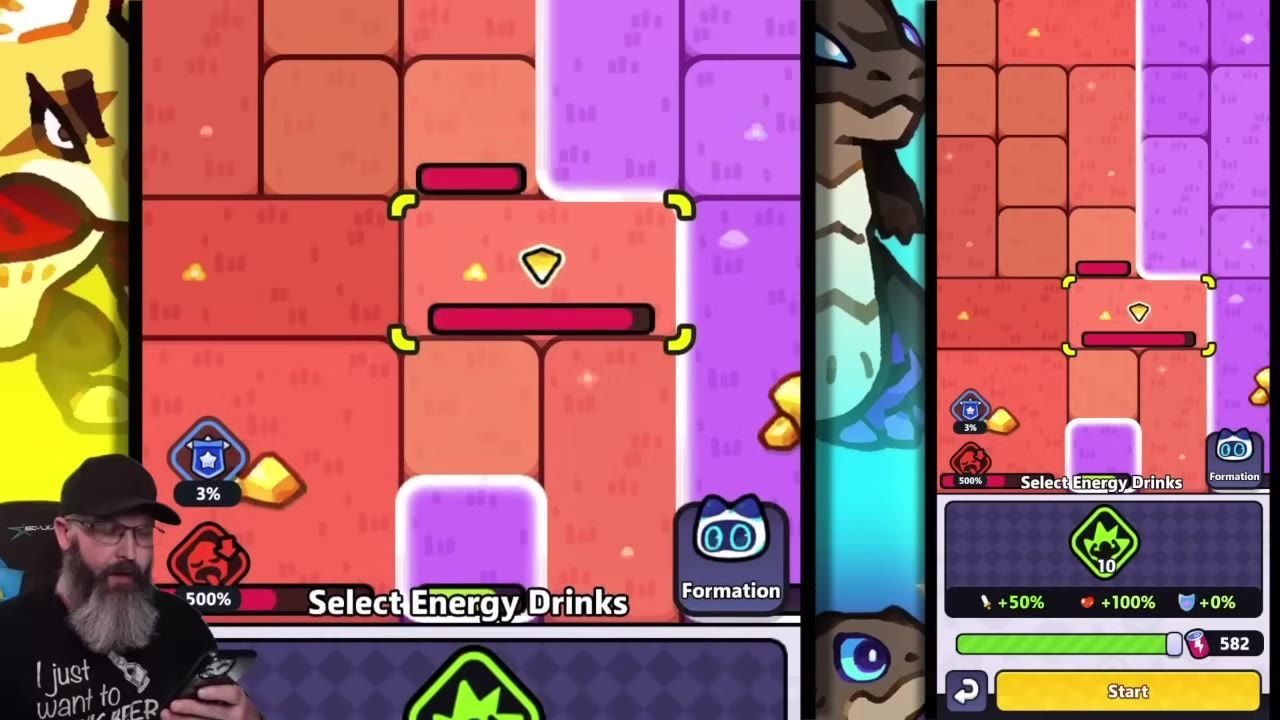 A game battle menu shows a Formation button on the right, an attack slider near the bottom, and an energy drinks selection panel with a Start button.