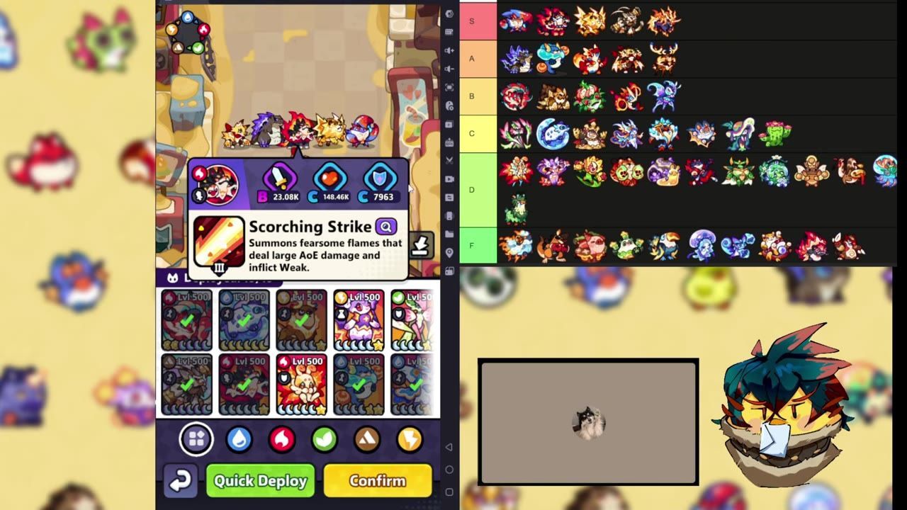 A tier list grid displaying critters ranked from S to F and gameplay elements surrounding it.