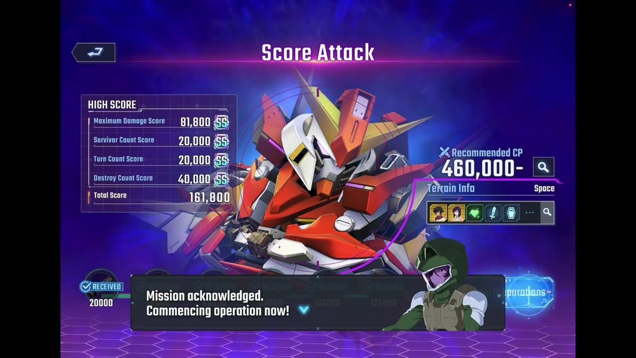 A Score Attack results screen shows a large character illustration, high score categories, recommended CP, and a dialogue box at the bottom.