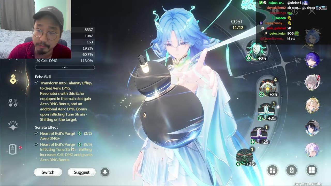 A game character build screen shows the Sonata Effect panel with Heart of Evil's Purge listed and a character model in the center.
