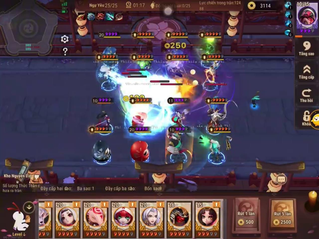 Gameplay screenshot showing multiple heroes with stats visible and interface elements for hero selection and upgrade.