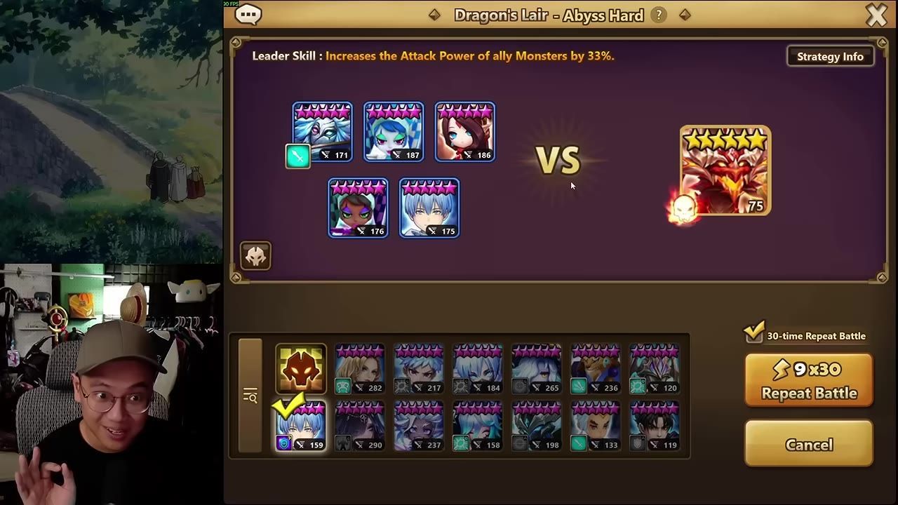 Team formation screen for Dragon's Abyss Hard in a game, showing selected characters on the team and the opposing enemy.