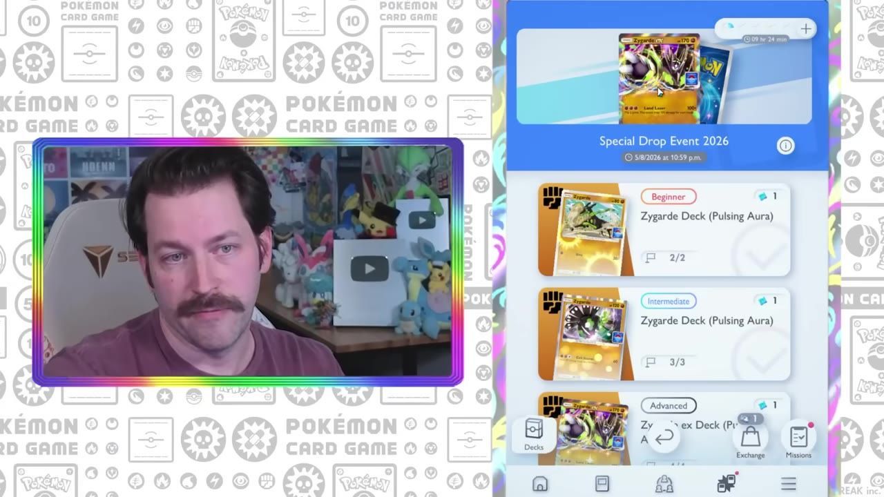 A game event menu for Special Drop Event 2026 shows Zygarde deck entries labeled Beginner, Intermediate, and Advanced on the right side of the screen.